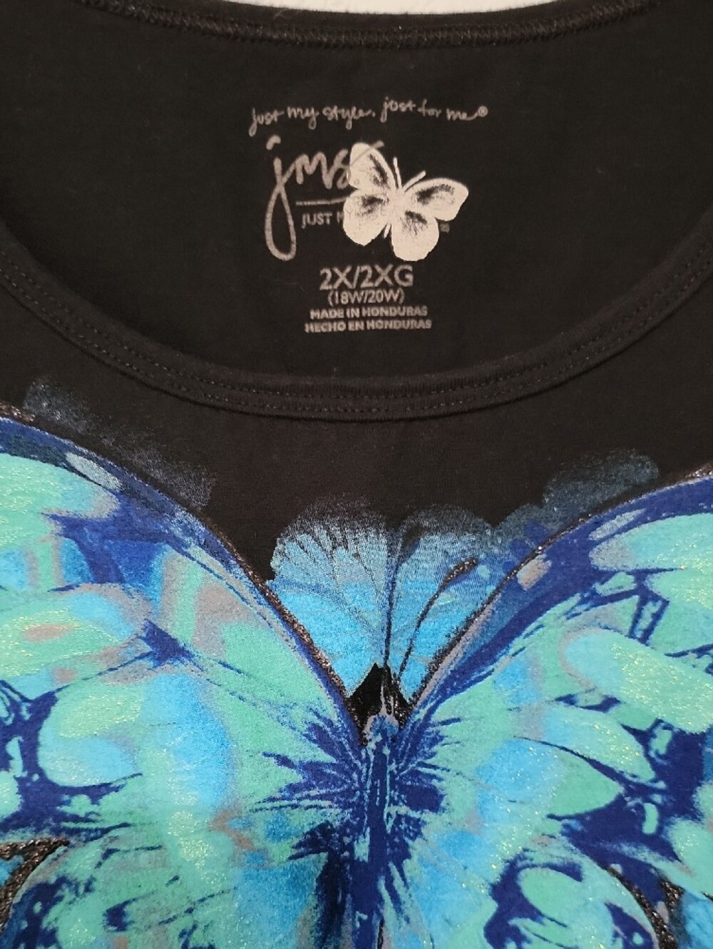 Just My Size Black Short-Sleeve Tee with Blue Butterfly Print - Picture 2 of 4